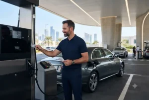 Driver in the UAE using a fuel cashback credit card at a petrol station