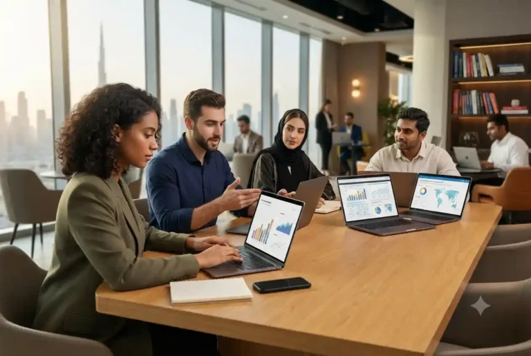 Digital marketing learners studying online marketing resources in UAE