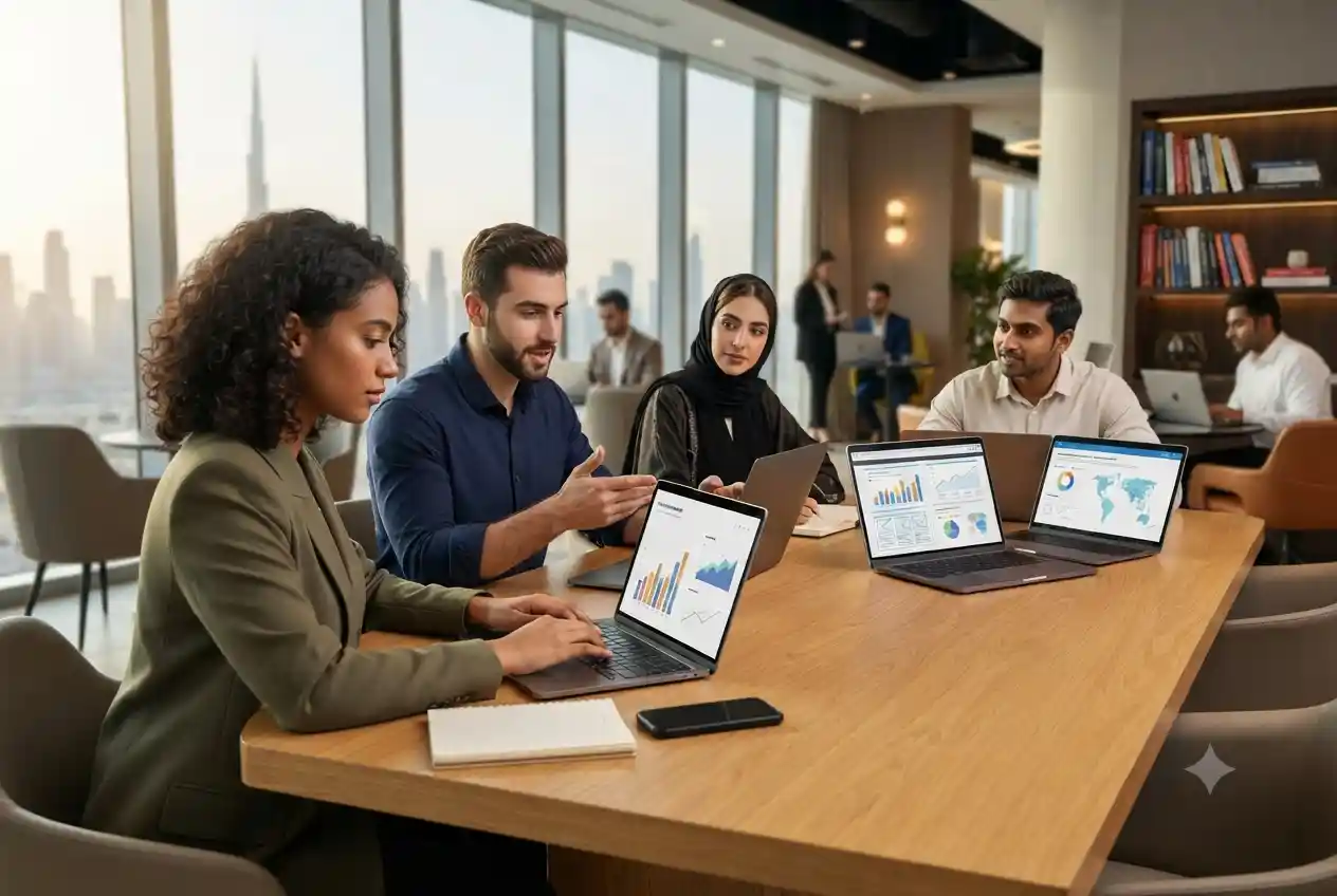 Digital marketing learners studying online marketing resources in UAE