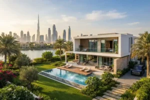 Luxury residential property and modern Dubai skyline representing Hamptons real estate Dubai
