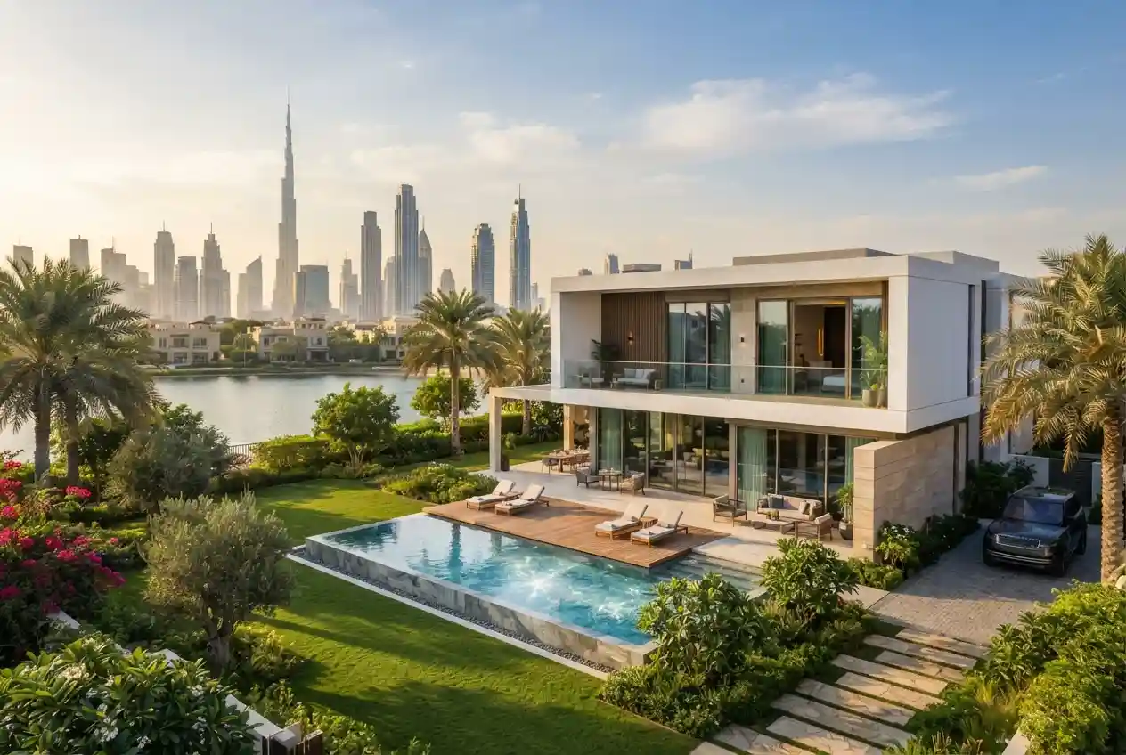 Luxury residential property and modern Dubai skyline representing Hamptons real estate Dubai