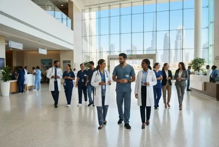 Healthcare professionals working in a modern Dubai hospital