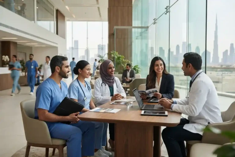 Healthcare recruitment professionals discussing medical staffing opportunities in the UAE