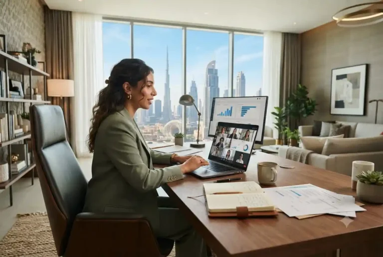 Entrepreneur running a home-based business from a modern Dubai home office