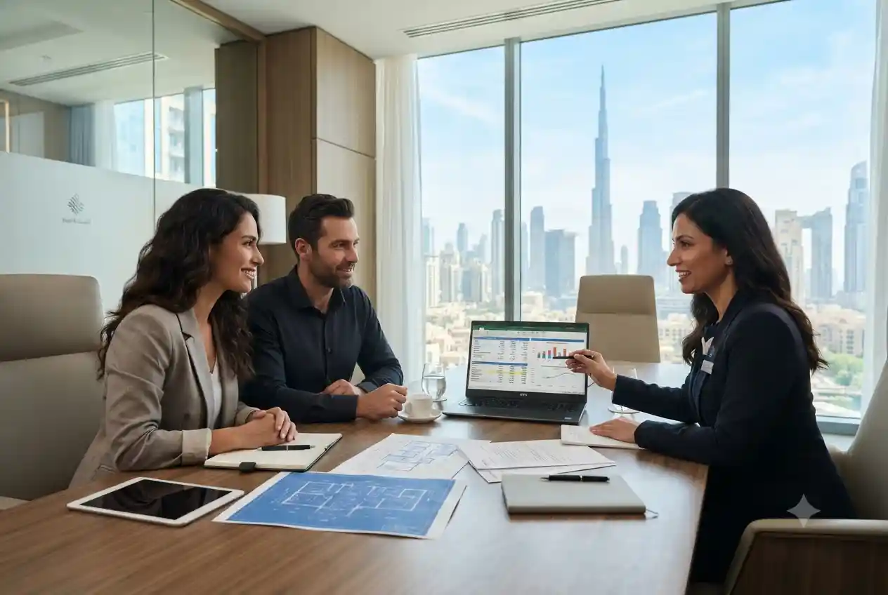 Couple using a home loan EMI calculator with a mortgage advisor in the UAE