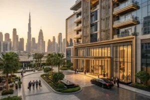 Modern hotel near Business Bay Dubai with high-rise skyline