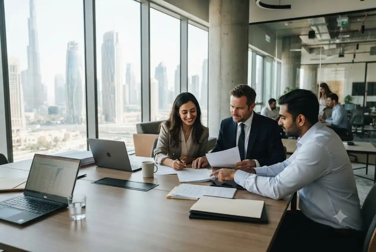 Entrepreneurs planning an IFZA business setup in a professional Dubai office.