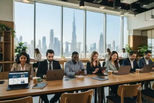 Professionals searching for Indeed Jobs Dubai opportunities in a modern office.