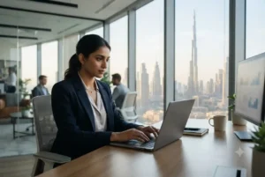 Professional searching for jobs on Indeed UAE from a modern office in Dubai.