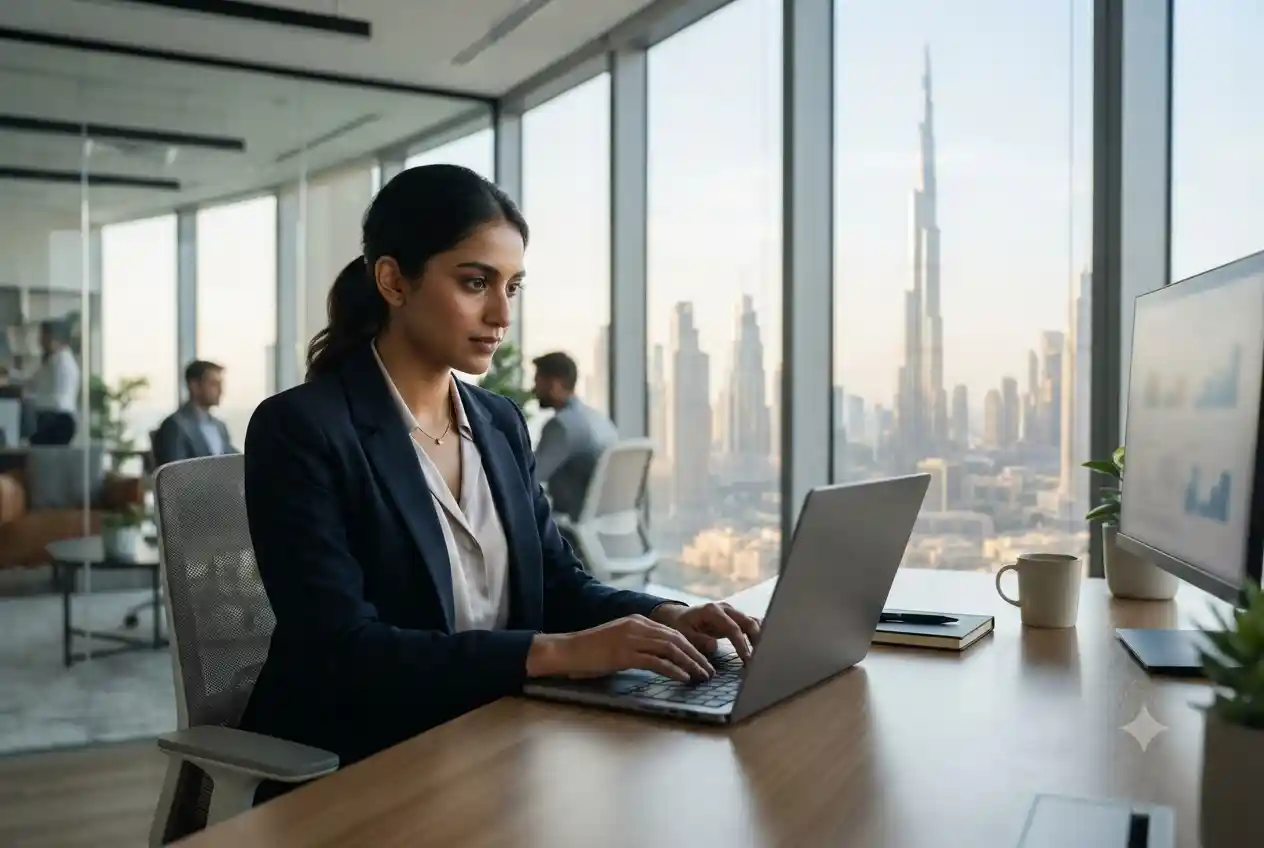 Professional searching for jobs on Indeed UAE from a modern office in Dubai.