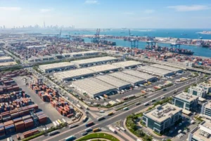 Modern logistics and commercial facilities in Jebel Ali Free Zone representing JAFZA company setup in the UAE.
