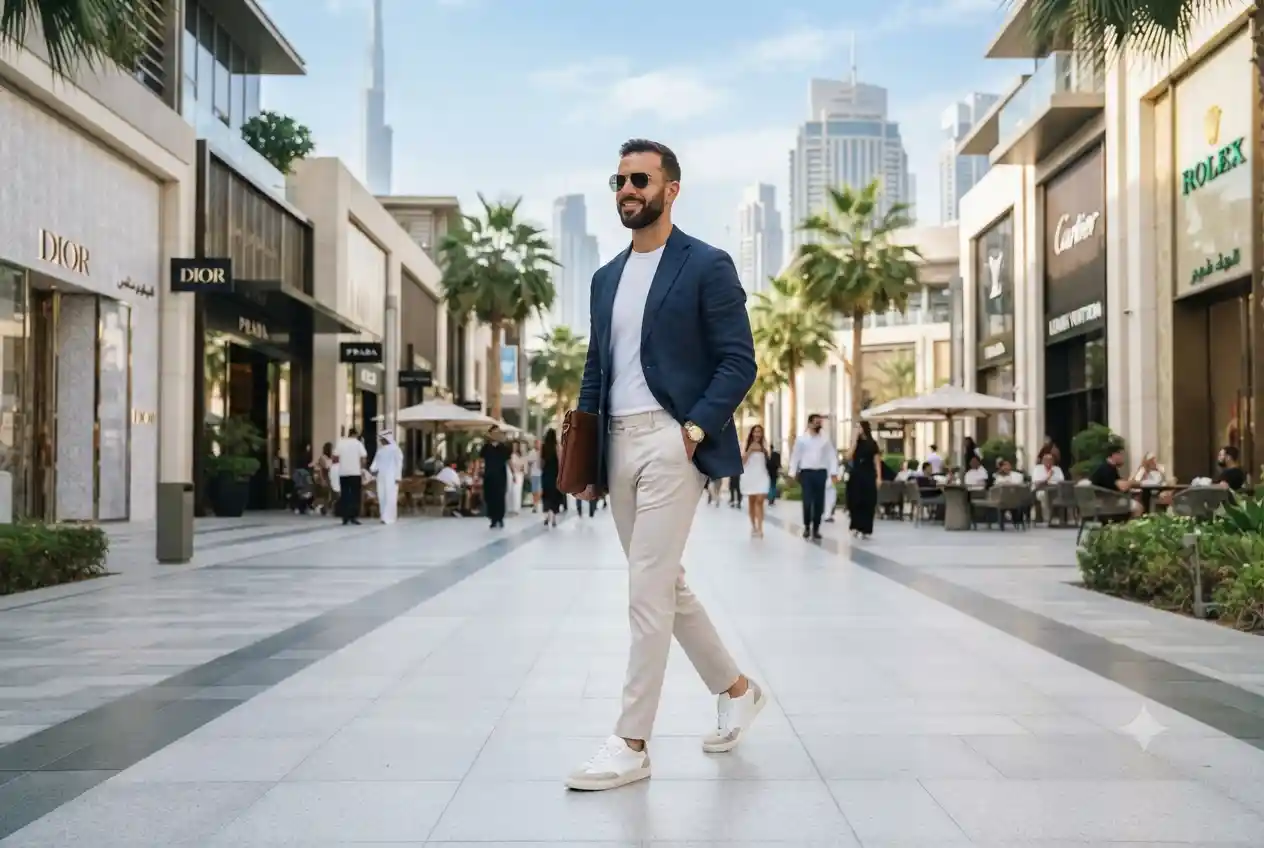 Stylish man wearing modern men's fashion clothing in Dubai UAE