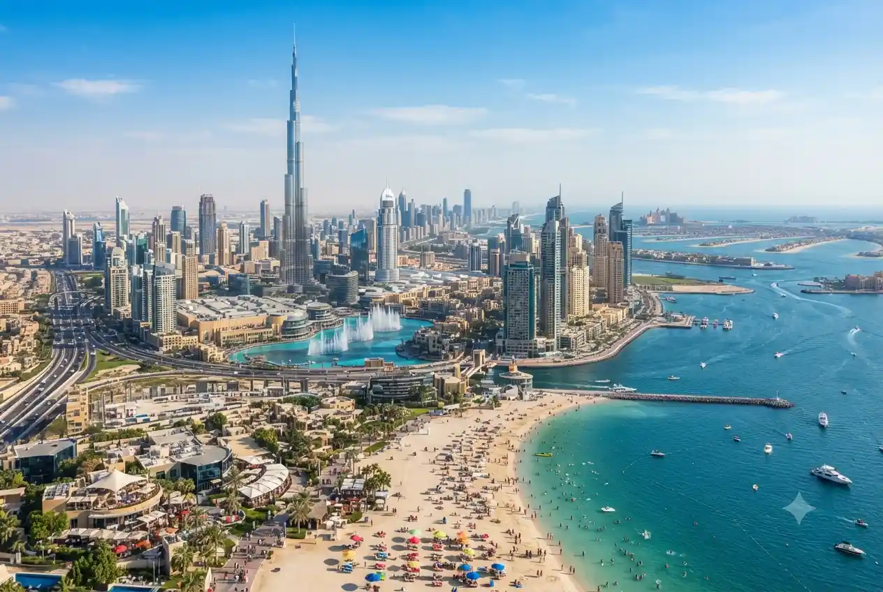 Iconic Dubai attractions including Burj Khalifa and Palm Jumeirah.