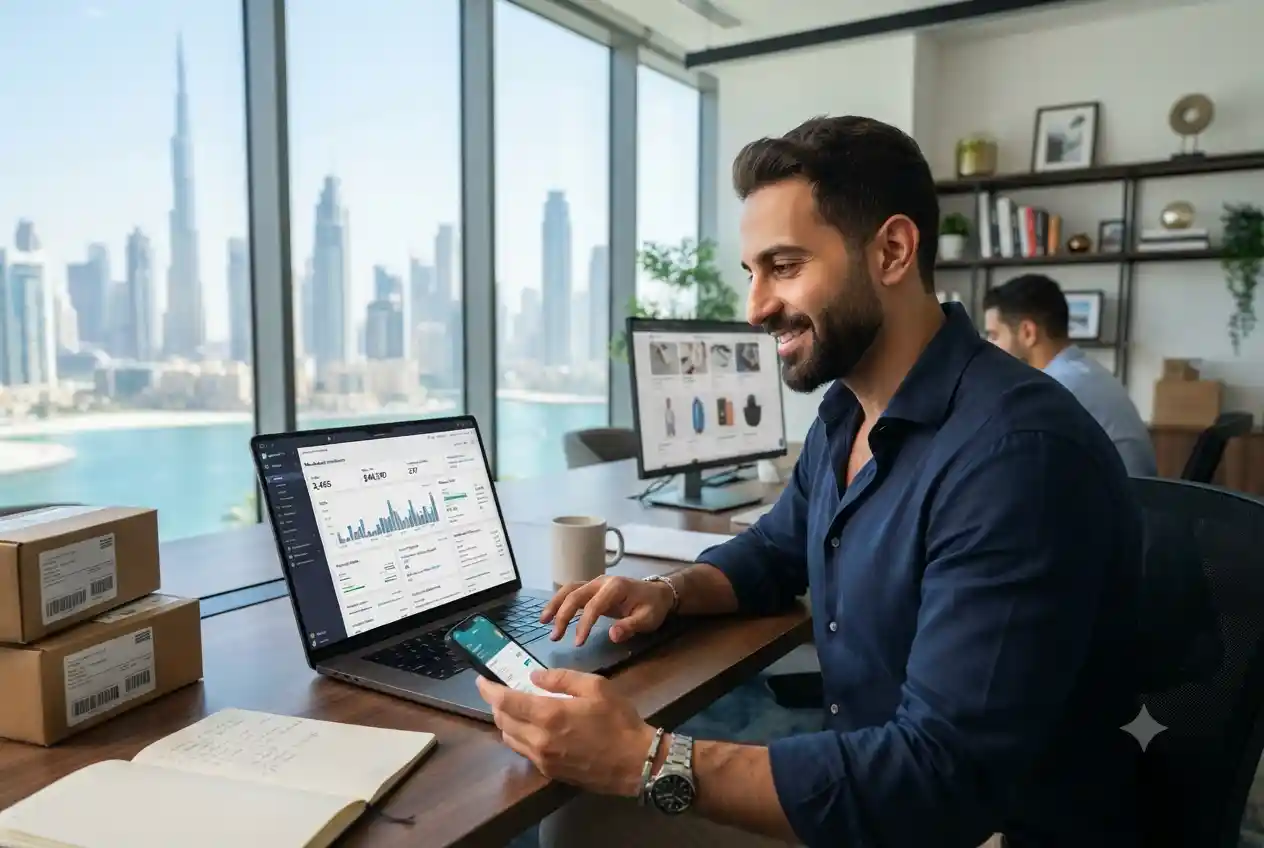 Entrepreneur operating an online business in the UAE using a laptop and e-commerce dashboard