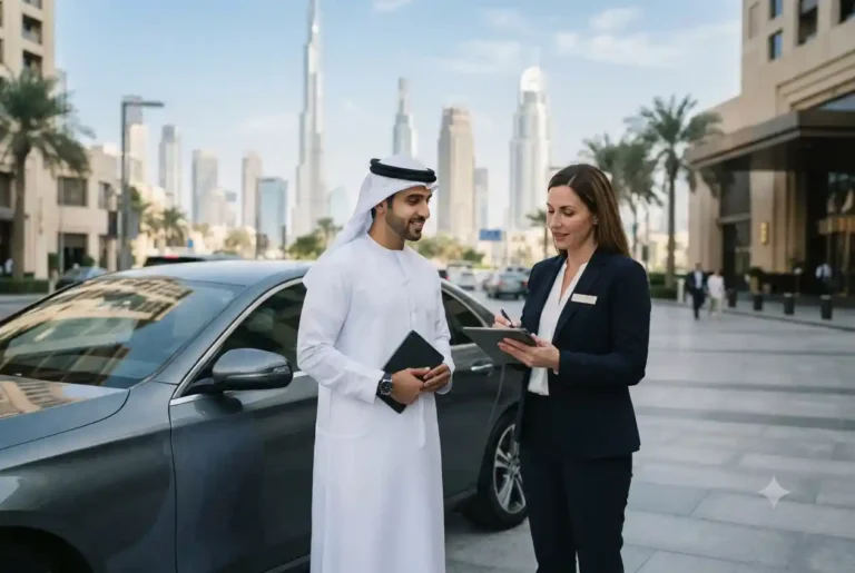 Driver reviewing Orient Car Insurance options in the UAE beside a modern vehicle.