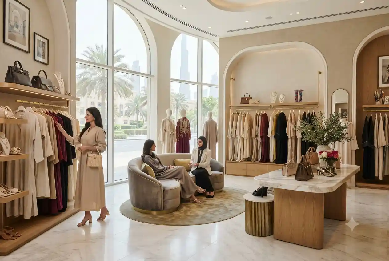 Modern women's fashion collection displayed in a Dubai fashion boutique