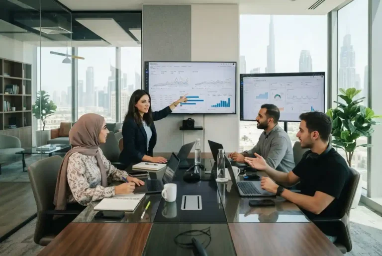 Digital marketing professionals managing SEO and PPC campaigns in a modern UAE office.