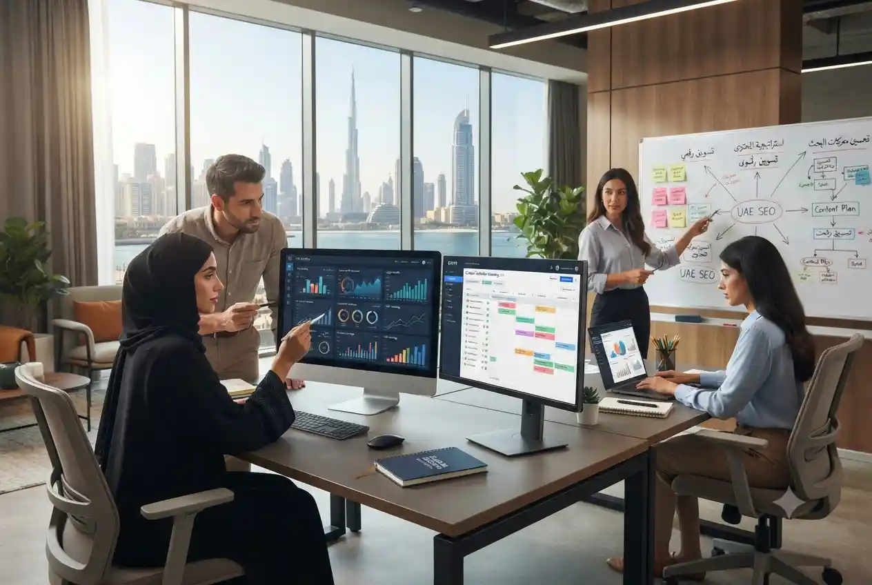 SEO content agency team developing search-optimized content for UAE businesses