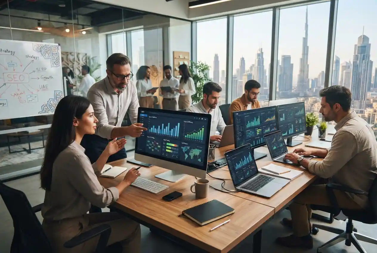 SEO promotion services team optimizing digital marketing strategy for UAE businesses