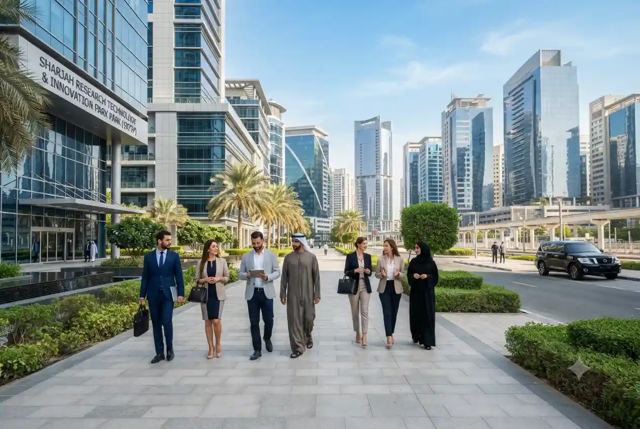 Modern commercial buildings representing Sharjah Free Zone business setup in the UAE.
