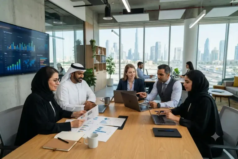 SME owners meeting business consultants in a modern UAE office