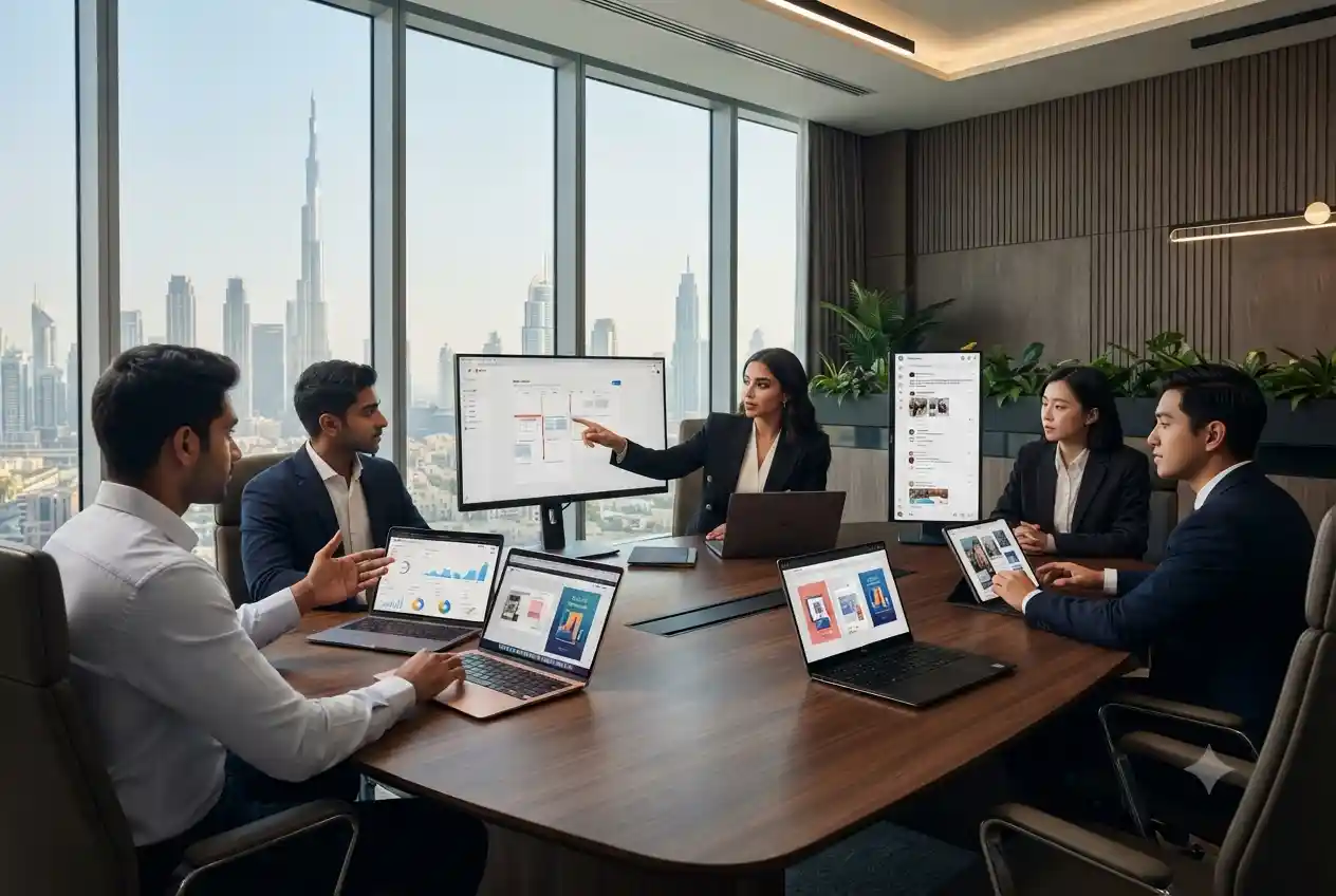 Social media management company team coordinating digital campaigns in Dubai