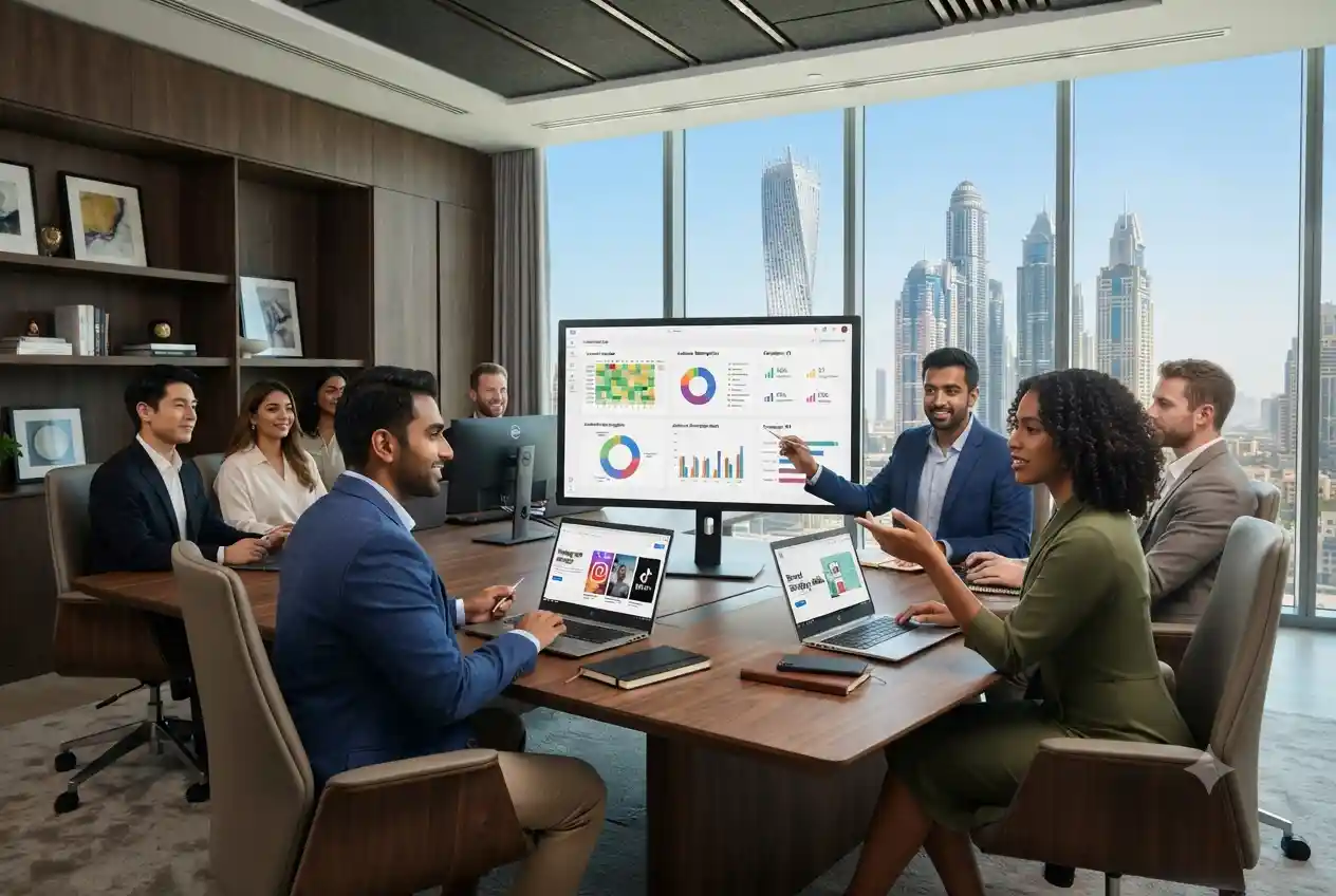 Social media marketing team developing digital campaigns for UAE businesses