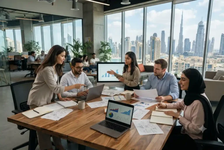 Entrepreneurs discussing startup business services in a modern UAE office