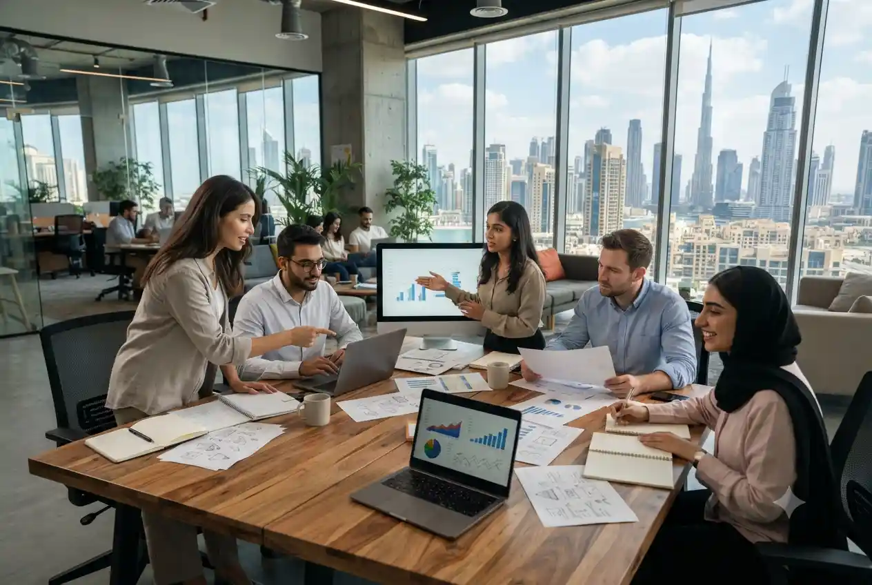 Entrepreneurs discussing startup business services in a modern UAE office