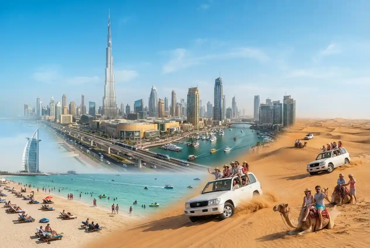 Tourists enjoying popular attractions and activities in Dubai.