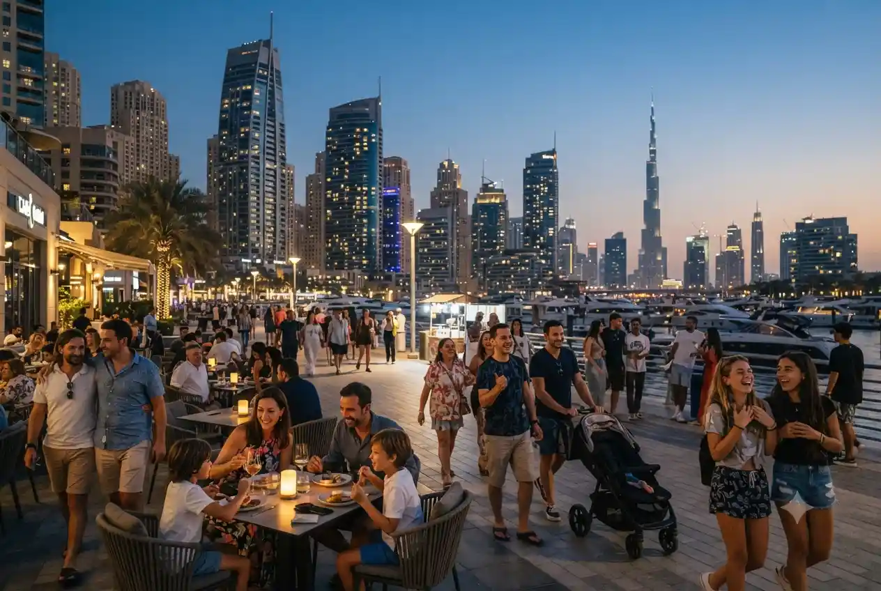 Tourists and families enjoying weekend attractions in Dubai.