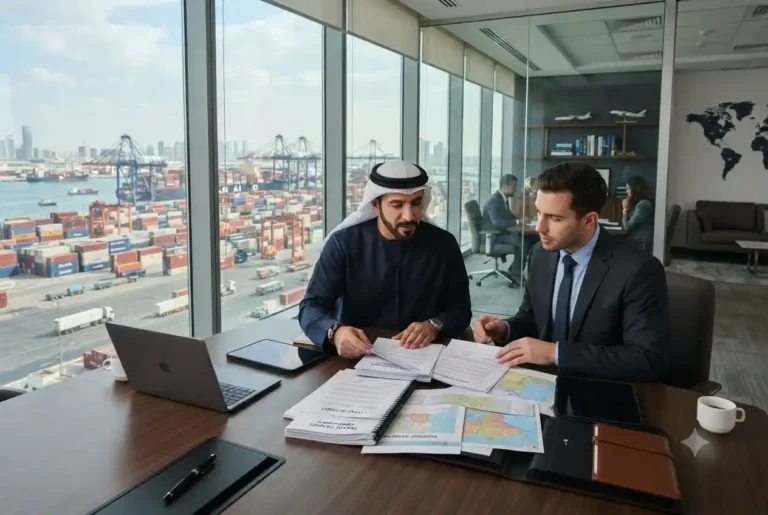 Business professionals discussing trade finance solutions in a UAE corporate office