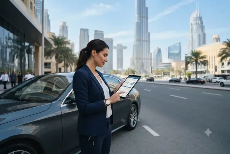 Driver reviewing vehicle insurance options in Dubai beside a modern car.
