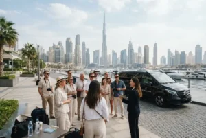 Tourists enjoying a guided Dubai sightseeing experience