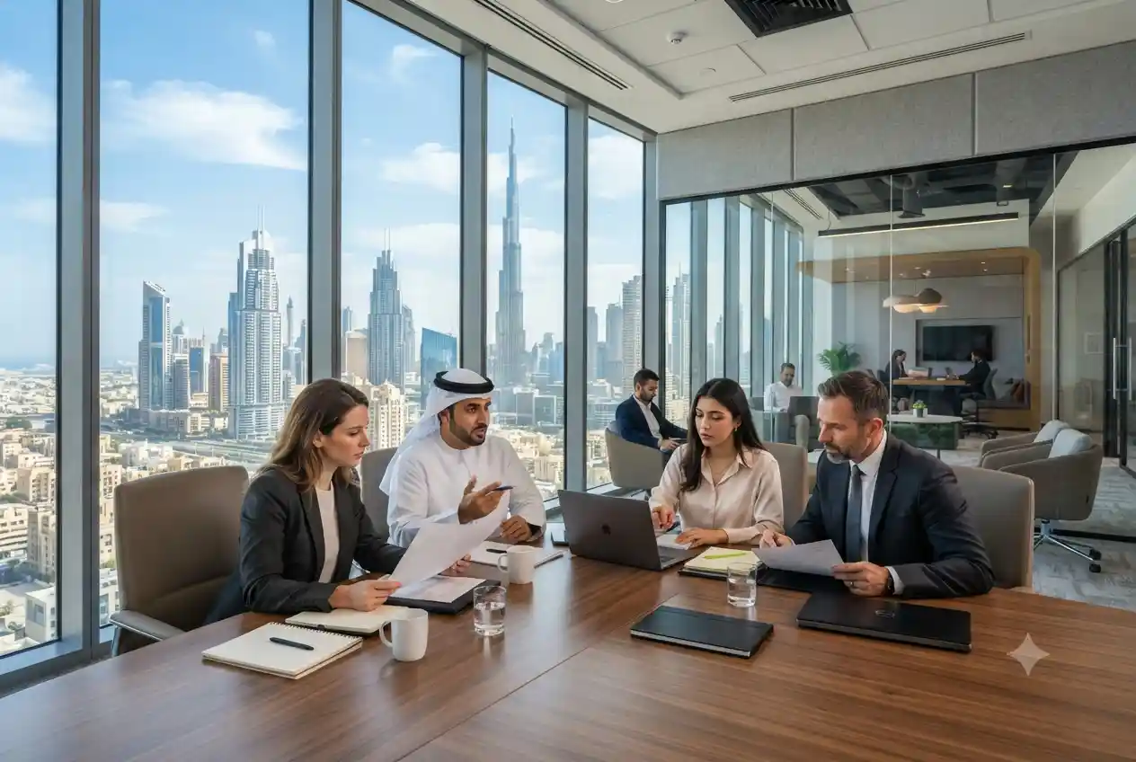 Professionals discussing business strategy in a modern UAE office