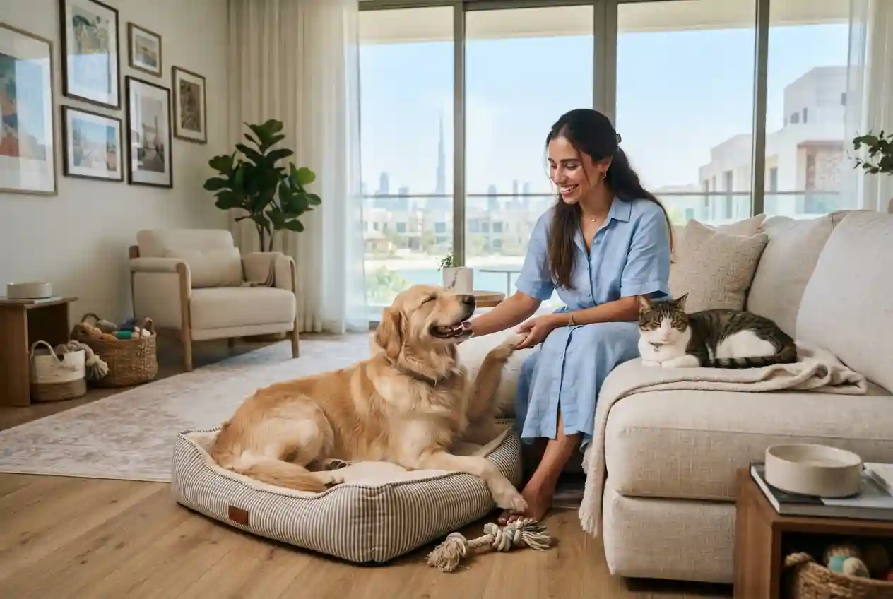 Happy healthy pets relaxing with their owner in a UAE home