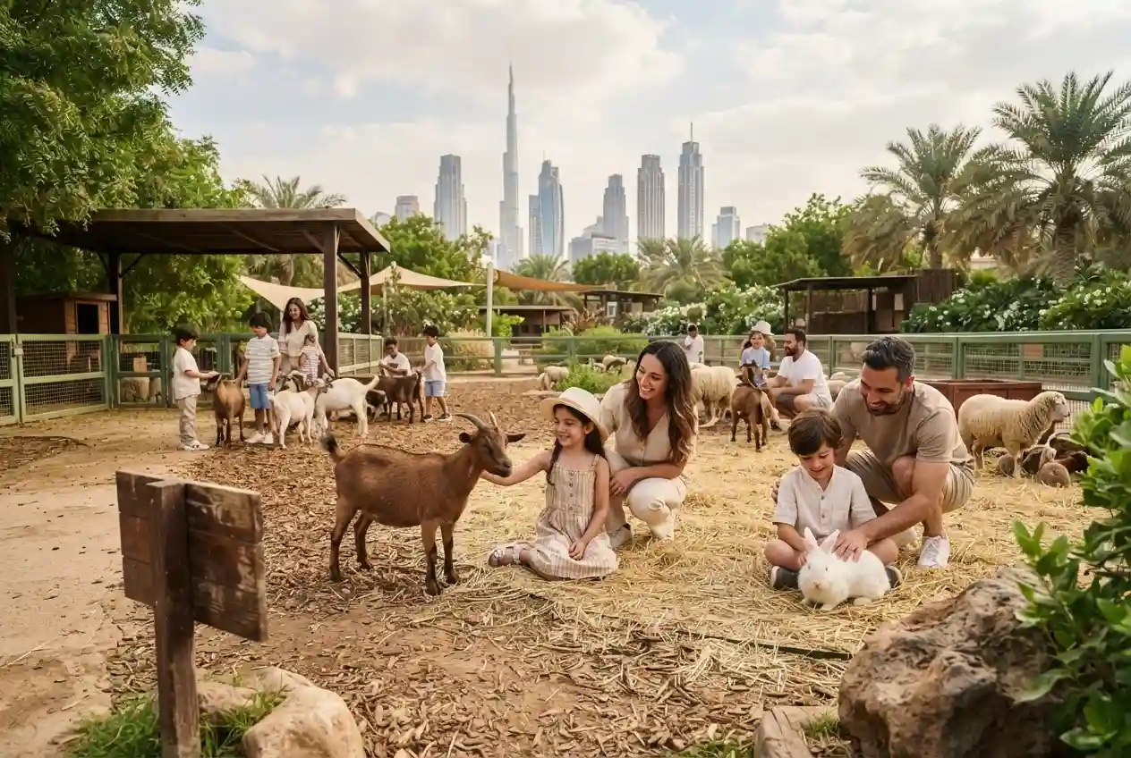 Family visiting a petting zoo in Dubai with farm animals